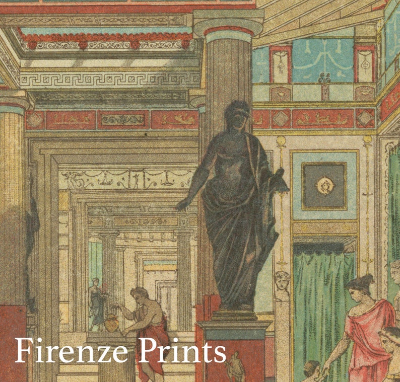 May include: A vintage illustration of a Roman interior with a statue of a man in a toga standing in the center. The room is decorated with columns, arches, and intricate details. The image is in shades of brown, beige, and blue.