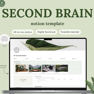 May include: A laptop displaying a "Second Brain" Notion template. The screen shows a dashboard with sections for areas, goals, projects, and tasks. Text on the screen includes "All-in-one system", "Highly functional", and "Youtube tutorial". The laptop is on a light green background.
