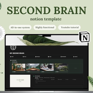 Puede incluir: Una pantalla de portátil muestra una plantilla de Notion "Second Brain". La pantalla muestra una interfaz oscura con secciones etiquetadas como "Áreas", "Objetivos" y "Proyectos". También es visible el texto "Sistema todo en uno", "Altamente funcional" y "Tutorial de Youtube".