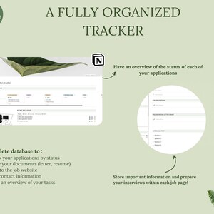 May include: A digital job application tracker with the text "A FULLY ORGANIZED TRACKER" and "NOTIONCLUB". The tracker includes sections for tracking application status, storing documents, linking to job websites, and adding contact information. It also helps prepare for interviews.