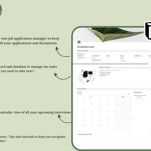 May include: A digital job application tracker template with a white background and green accents. The template includes sections for applications, next actions, and interviews. Text includes "NOTIONCLUB" and "Job application tracker".