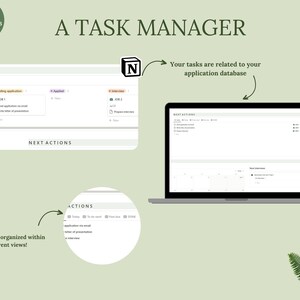 May include: A Task Manager graphic with the NotionClub logo. The image shows a laptop displaying a task management interface, with additional views and details. Text includes "A Task Manager", "Next Actions", and "Fully organized within different views!"