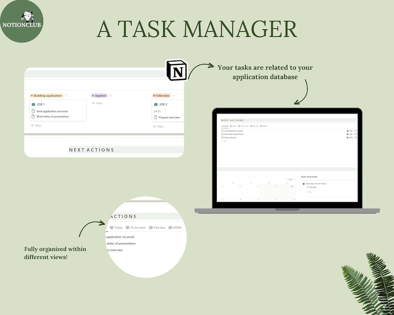 May include: A Task Manager graphic with the NotionClub logo. The image shows a laptop displaying a task management interface, with additional views and details. Text includes "A Task Manager", "Next Actions", and "Fully organized within different views!"