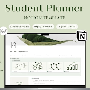 May include: A laptop screen displays a student planner Notion template. The screen shows a student dashboard with sections for classes, assignments, and tasks. The text includes "Student Planner," "Notion Template," and "All-in-one system."