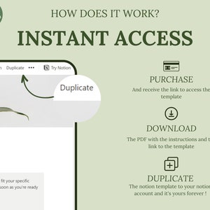 May include: An instructional graphic with the text "HOW DOES IT WORK? INSTANT ACCESS." The steps are: Purchase, Download, and Duplicate. The image includes a screenshot of a digital interface with a "Duplicate" button.