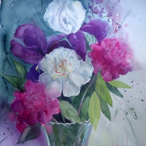 Summer garden flowers, original watercolor painting, peonies, iris watercolor art, original unframed artwork, Watercolor Florals