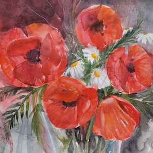 Poppies original watercolor painting, unframed watercolor art, original artwork, Watercolor Florals