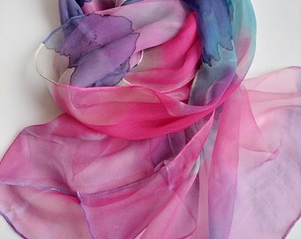 Écharpe en soie peinte, châle rose, écharpe en soie naturelle, écharpe pour femme, châle de créateurs, foulard, tour de cou