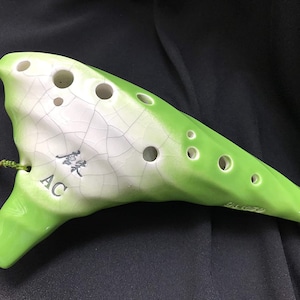 Professional 12 Hole Alto C Ocarina - Green Glaze W/Natural Crackles. Authenticity Proved by Engraved Identification Code on Each Piece!