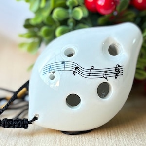 Soprano G 6 Hole White Music Notes Ceramic Ocarina - Dexterous, Easy to Carry and Learn, Great Gift!