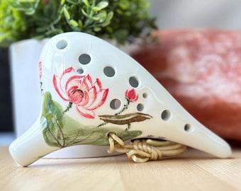 15 Hole Ocarina Ceramic Flute Sound Instrument Red Artist Signed