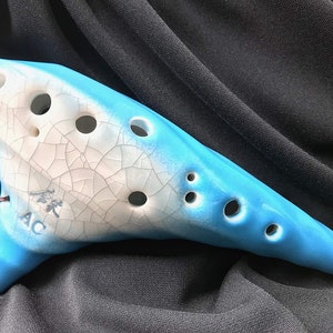 Professional 12 Hole Alto C Ocarina-Blue Glaze W/Natural Crackles. Authenticity Proved by Engraved Identification Code on Each Piece!