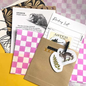 Könnte beinhalten: Eine Sammlung von Schreibwaren, darunter ein brauner Papierumschlag, eine Leseliste und eine Seite mit einer Opossum-Illustration. Der Umschlag enthält Aufkleber und eine kleine Karte. Ein rosa-weiß kariertes Papier ist ebenfalls sichtbar.