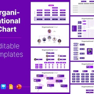 May include: A purple graphic with the words "Organisational Chart" and "Editable Templates" in white. The image displays several organizational chart templates with purple and white elements, including a world map and various hierarchical structures.