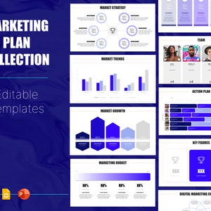 May include: A blue and white marketing plan template collection with editable slides. The slides include charts, graphs, and diagrams for market strategy, trends, growth, budget, team, action plan, key figures, and digital marketing concepts.