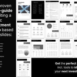 Könnte beinhalten: Eine schwarz-weiße Präsentationsvorlage mit dem Text "Your proven go-to-guide for writing a holistic investment memo based on 16 slides:" und einer Liste mit 10 Stichpunkten, die den Inhalt jeder Folie beschreiben. Der Text "Get the perfect guide incl. tools to identify your next investment." befindet sich am unteren Rand des Bildes.