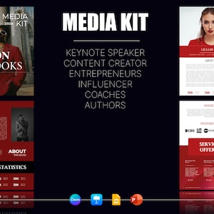 May include: A media kit for a keynote speaker, content creator, entrepreneur, influencer, coach, and author. The kit includes information about the speaker, their mission, services offered, and statistics. The kit is designed in a red and black colour scheme.