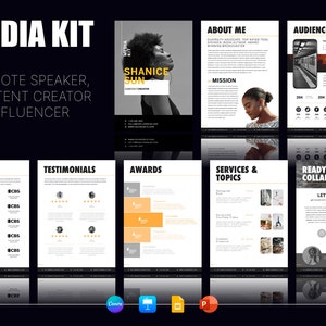 May include: A media kit for a keynote speaker, content creator, and influencer named Shanice Sun. The kit includes information about her clients, testimonials, awards, services, and topics. It also includes information about her audience and a call to action to collaborate.