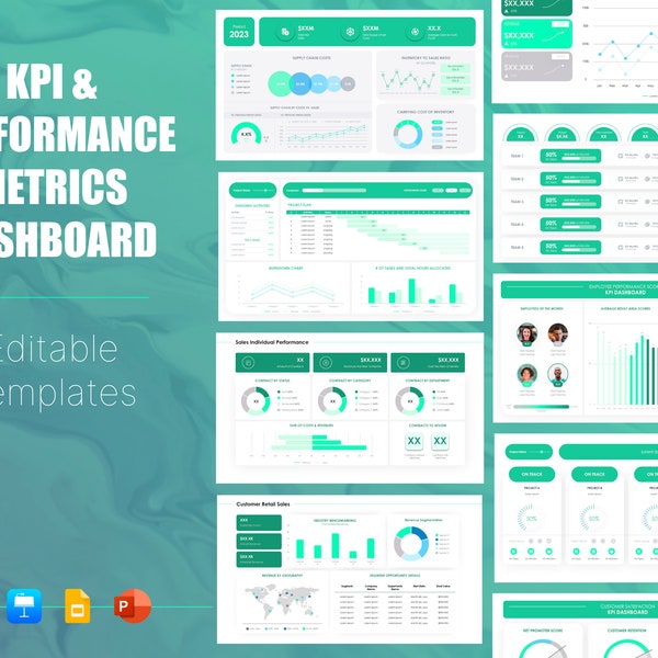 KPI Dashboard, Performance Metrics, Template, Info graphic, Vorlage, Infografik, Grafiken für PowerPoint, Keynote, Google Slides, PPTX