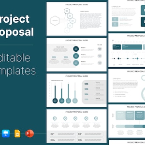 Peut inclure: Un ensemble de 10 diapositives de proposition de projet modifiables avec divers graphiques et diagrammes. Les diapositives sont dans un schéma de couleurs gris clair avec des accents bleus. Les diapositives comprennent un diagramme en hexagone, des diagrammes à barres, des chronologies et des diagrammes circulaires.