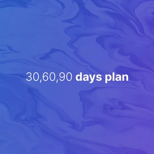 Op de afbeelding: Abstracte blauwe en paarse achtergrond met de tekst "30, 60, 90 dagen plan" in wit.