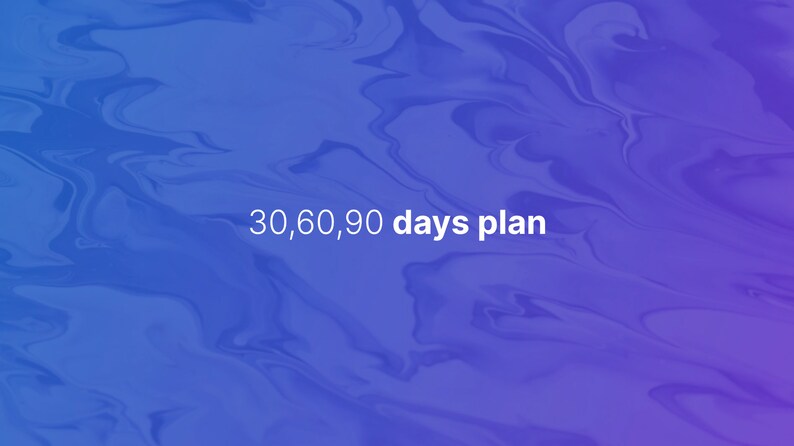 Op de afbeelding: Abstracte blauwe en paarse achtergrond met de tekst "30, 60, 90 dagen plan" in wit.