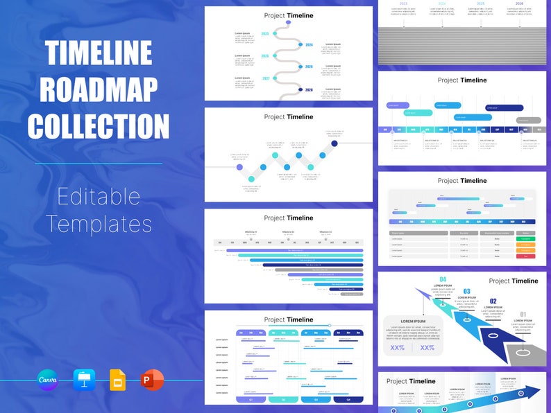 Op de afbeelding: Een verzameling bewerkbare tijdlijn-roadmap-sjablonen voor presentaties. De sjablonen bevatten verschillende stijlen van tijdlijnen, waaronder horizontale, verticale en pijl-gebaseerde ontwerpen. De tijdlijnen zijn kleurgecodeerd en bevatten tekstvakken voor labels en beschrijvingen.
