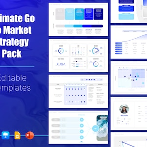 Op de afbeelding: Een blauwe en witte presentatiesjabloon met de tekst "Ultimate Go To Market Strategy Pack" en "Editable Templates". De sjabloon bevat grafieken, diagrammen en schema's voor bedrijfsplanning.