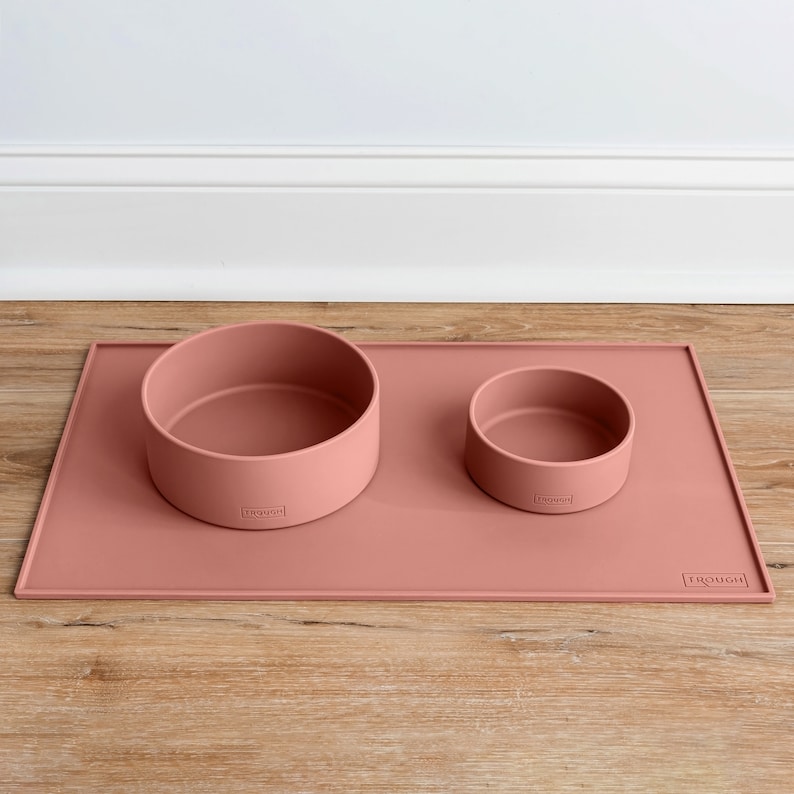 Pu&ograve; includere: Un set di due ciotole per cani in silicone rosa con un tappetino in silicone rosa abbinato. Le ciotole sono etichettate "Trough" e il tappetino &egrave; etichettato "Trough".