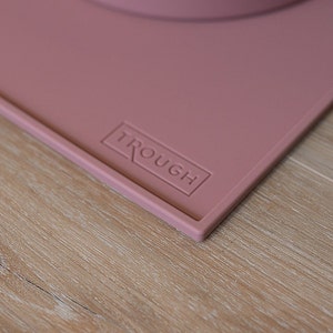 Pu&ograve; includere: Un tappetino in silicone rosa con un logo "TROUGH" in rilievo. Il tappetino &egrave; su una superficie in legno chiaro.