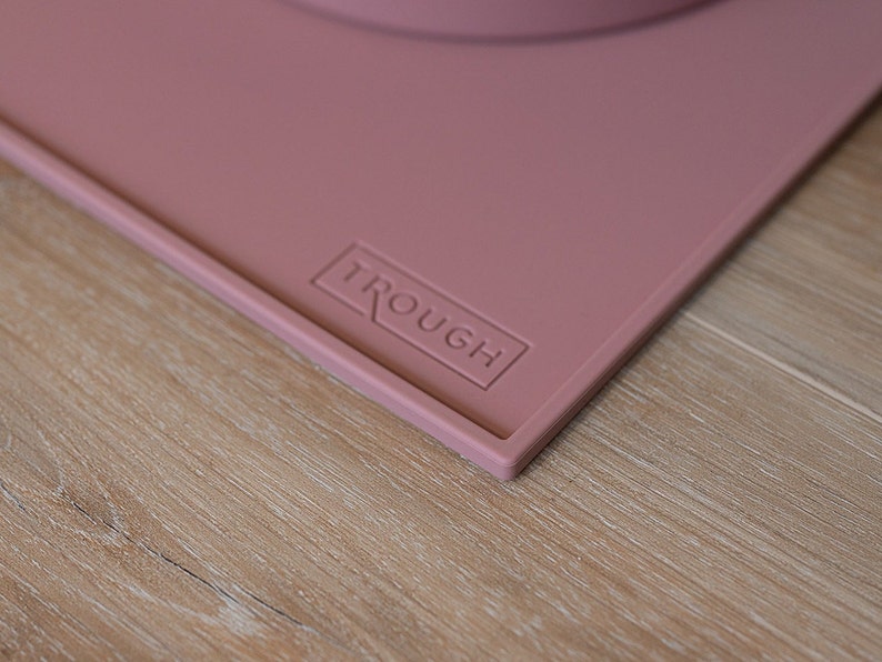 Pu&ograve; includere: Un tappetino in silicone rosa con un logo "TROUGH" in rilievo. Il tappetino &egrave; su una superficie in legno chiaro.