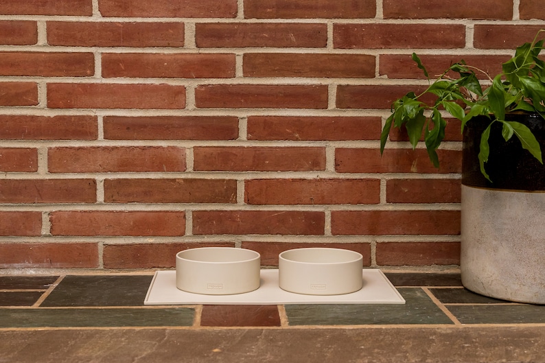 Pu&ograve; includere: Due ciotole in ceramica bianca per animali domestici su un tappetino rettangolare bianco. Le ciotole sono su una superficie piastrellata davanti a un muro di mattoni.