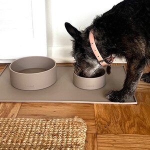 Pu&ograve; includere: Un cane nero che mangia da una ciotola per cani in silicone marrone chiaro su un tappetino in silicone marrone chiaro. Il cane indossa un collare rosa chiaro con un'etichetta di metallo. Il tappetino &egrave; su un pavimento in legno marrone chiaro.