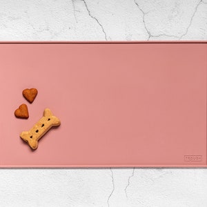 Pu&ograve; includere: Un tappetino in silicone rosa per cibo per cani con un bocconcino a forma di osso e due bocconcini a forma di cuore. Il tappetino ha la scritta "TROUGH" stampata in bianco nell'angolo in basso a destra.