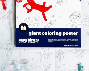 XXL Giant colouring poster "Space kittens", take a rocket to space and play with cats, fun indoor activity for creative kids.