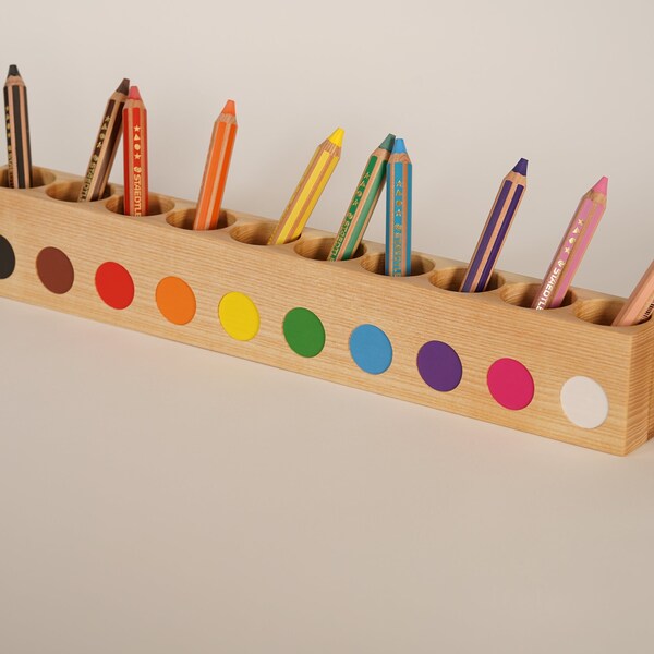 Montessori Pencil Holder: Rainbow Wood Desk Organizer for Large Pencils