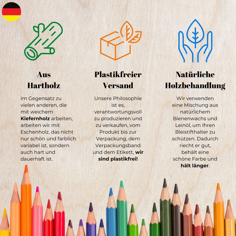 KANO editions Montessori pencil holder organizer, unique selling points, hard wood, plastic free, protected by nature. In german language