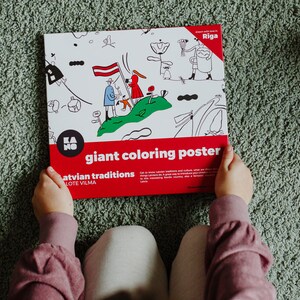 XXL giant coloring poster Latvian traditions, isbn 978-9934-8993-1-7, eco friendly sustainable, poster box in child hands