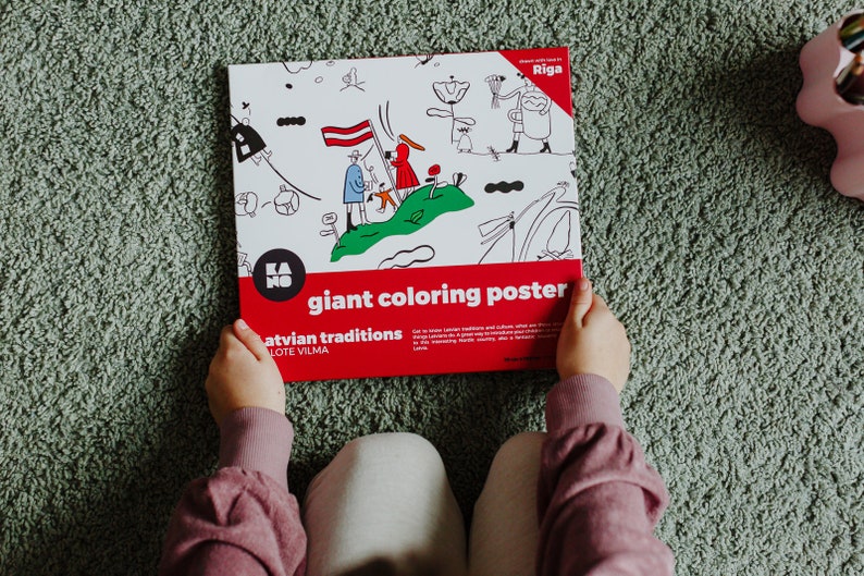 XXL giant coloring poster Latvian traditions, isbn 978-9934-8993-1-7, eco friendly sustainable, poster box in child hands