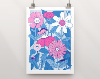 Risograph print, Art Print, Retro flower print, A3 risograph poster, Print wall art, Fluo pink print, Psychedelic Art Print