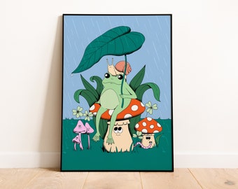 Retro Frog Poster, Cute Frog Print, Art Print, Trendy Art Wall, Mushroom posters, GoblinCore Decor, Aesthetic Print, Groovy Frog Print