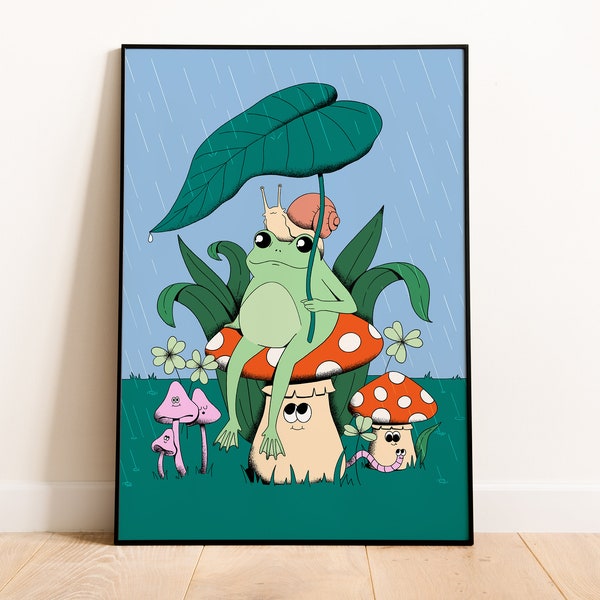 Affiche grenouille rétro, Impression grenouille mignonne, Tirage d'art, Art mural tendance, Affiche champignons, Décor Goblincore