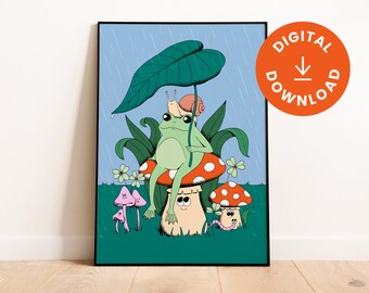 Retro Frog Poster Printable, Cute Wall Art, Digital Download, Trendy Wall Art, Mushroom posters printable, GoblinCore Decor