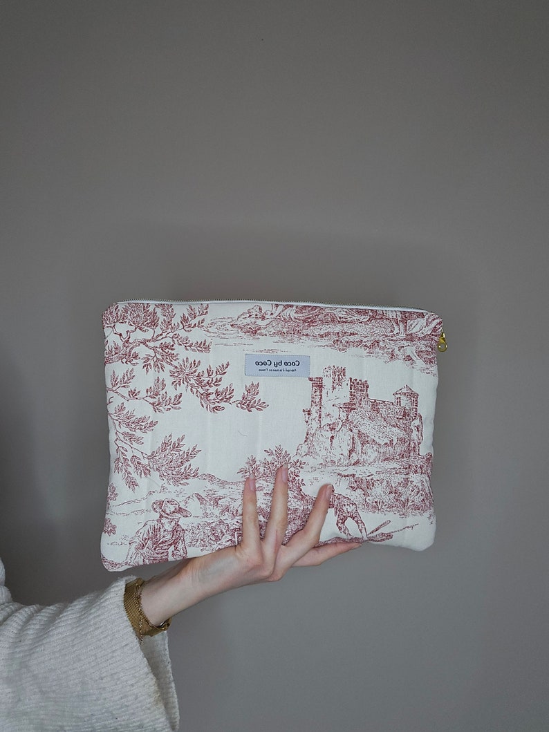 Pochette d'ordinateur GARANCE toile de jouy rouge fait 100% à la main en France image 6