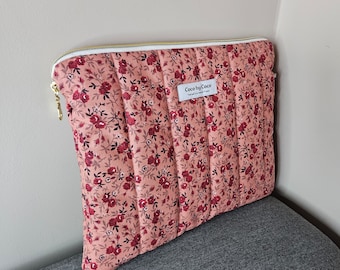 Pochette d'ordinateur GARANCE couleur rose fleurie fait 100% à la main en France