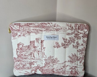 Pochette d'ordinateur GARANCE toile de jouy rouge  fait 100% à la main en France