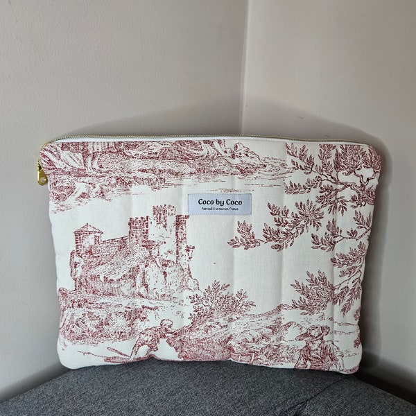 Pochette d'ordinateur GARANCE toile de jouy rouge  fait 100% à la main en France