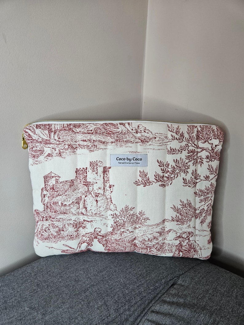 Pochette d'ordinateur GARANCE toile de jouy rouge fait 100% à la main en France image 1