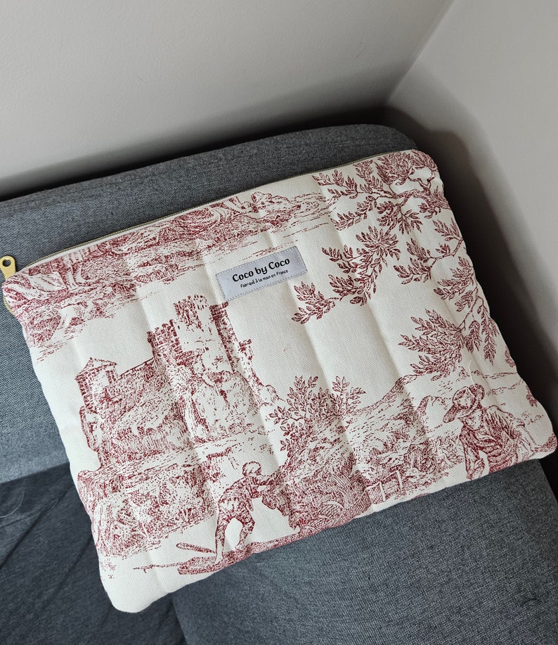 Pochette d'ordinateur GARANCE toile de jouy rouge fait 100% à la main en France image 2