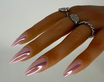 Chrome Mirror French Tip Press On Nails: Handmade Gel, Reusable Nail Kit
